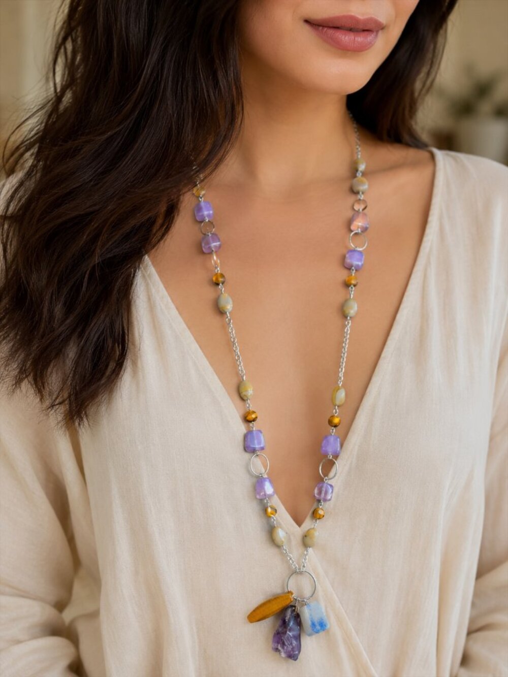 Vintage Y2K Boho Statement Necklace Purple Stone-Inspired Pendant